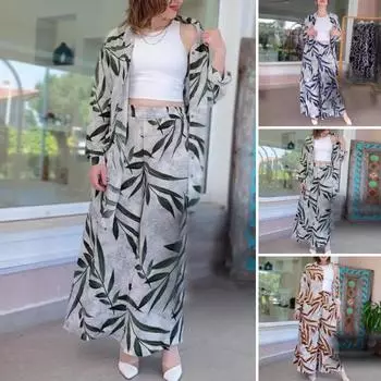 Комплект из 2 предметов: женская рубашка и брюки, отложной воротник, однобортный, с принтом листьев, длинные рукава M темно-синий