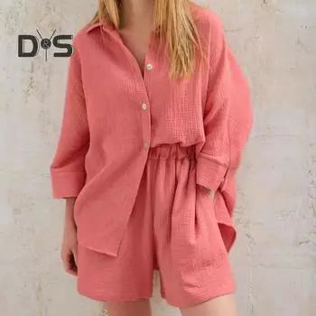 Комплект из 2 предметов: женская рубашка и шорты, однобортный, свободный, с рукавом три четверти, эластичный пояс, однотонный, с высокой талией, карманы, повседневный, весна-осень XL розовый