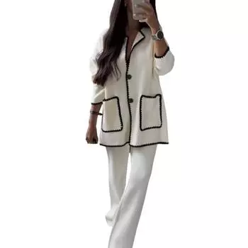 Комплект из 2 предметов: женская рубашка и брюки, осенний комплект с отложным воротником, однобортный топ с длинными рукавами, лоскутный топ, широкие свободные брюки, домашняя одежда, повседневный наряд S белый