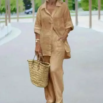 Комплект из 2 предметов: женская рубашка и брюки, однотонный топ с отложным воротником и длинными рукавами, широкие брюки, эластичная резинка на талии, свободные брюки, одежда для поездок на работу M синий