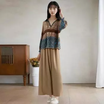Комплект из 2 предметов: женская рубашка и брюки, V-образный вырез, цифровая печать, длинный рукав, блузка, высокая талия, плиссированные широкие карманы, широкие женские брюки S хаки