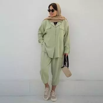 Комплект из 2 предметов: женская рубашка и брюки, отложной воротник, однобортный, с длинными рукавами, в пасторальном стиле, свободный верх, эластичная резинка на талии, укороченные брюки, спортивный костюм M мятный зеленый