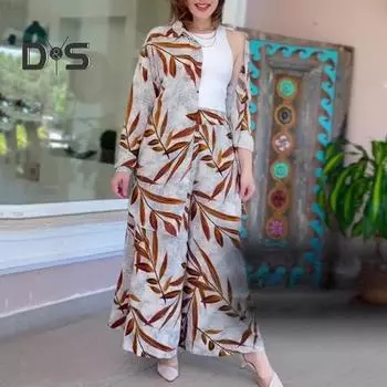 Комплект из 2 предметов: женская рубашка и брюки, отложной воротник, однобортный, с принтом листьев, длинные рукава, свободный топ средней длины, эластичный пояс, широкие брюки, спортивные M хаки