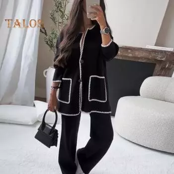 Комплект из 2 предметов: женская рубашка и брюки, осенний комплект с отложным воротником, однобортный топ с длинными рукавами, лоскутный топ, широкие свободные брюки, домашняя одежда, повседневный наряд S чёрный