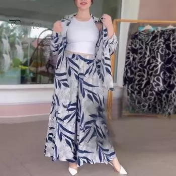 Комплект из 2 предметов: женская рубашка и брюки, отложной воротник, однобортный, с принтом листьев, длинные рукава, свободный топ средней длины, эластичный пояс, широкие брюки, спортивные L темно-зеленого