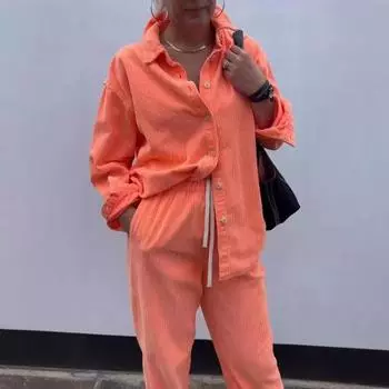 Комплект из 2 предметов: женская рубашка и брюки, отложной воротник, однобортный, с длинными рукавами, свободный верх, эластичный пояс, широкие брюки, спортивный костюм XL темно-оранжевого