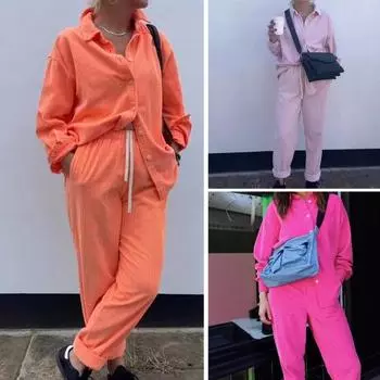 Комплект из 2 предметов: женская рубашка и брюки, отложной воротник, однобортный, с длинными рукавами, свободный верх, эластичный пояс, широкие брюки, спортивный костюм XL темно-оранжевого
