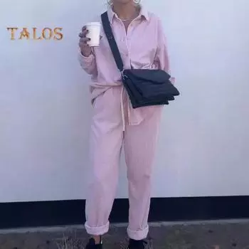 Комплект из 2 предметов: женская рубашка и брюки, отложной воротник, однобортный, с длинными рукавами, свободный верх, эластичный пояс, широкие брюки, спортивный костюм XL темно-оранжевого