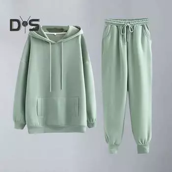 Комплект из 2 предметов: женские брюки с капюшоном, длинный рукав, капюшон, толстые, мягкие, теплые, с завязками на талии, свободные карманы, спортивный повседневный топ, брюки с окантовкой до щиколотки XL белый