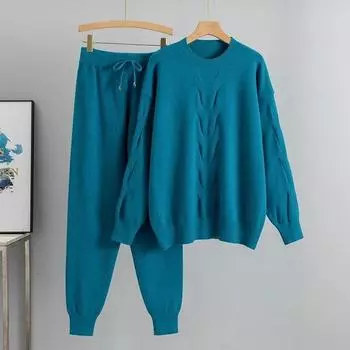 Комплект из 2 предметов, женский свитер, спортивные костюмы, свободные трикотажные женские вертикальные вязаные пуловеры, свитер + брюки-шаровары, костюмы, брюки