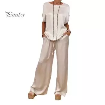 Комплект из 2 предметов: женский топ и брюки, атласная блузка с круглым вырезом и короткими рукавами, широкие брюки с эластичной резинкой на талии и карманами, повседневный свободный наряд для отдыха M белый