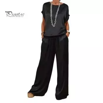 Комплект из 2 предметов: женский топ и брюки, атласная блузка с круглым вырезом и короткими рукавами, широкие брюки с эластичной резинкой на талии и карманами, повседневный свободный наряд для отдыха M чёрный