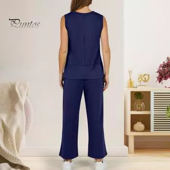 Комплект из 2 предметов: женский топ и брюки, однотонный, круглый вырез, без рукавов, разрезы по бокам, свободный жилет, широкие брюки, боковые карманы, повседневная одежда, наряд для поездок на работу и отдыха S темно-коричневого