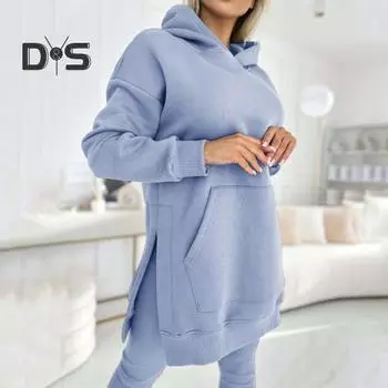 Комплект из 2 предметов: женский топ и брюки, капюшон, длинный рукав, разрез, толстовка с капюшоном, эластичная талия, облегающие брюки, спортивный костюм для фитнеса, повседневная домашняя одежда, школьный наряд M чёрный