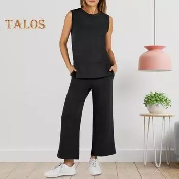 Комплект из 2 предметов: женский топ и брюки, однотонный, круглый вырез, без рукавов, разрезы по бокам, свободный жилет, широкие брюки, боковые карманы, повседневная одежда, наряд для поездок на работу и отдыха S темно-коричневого