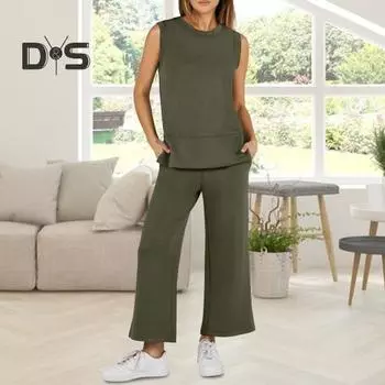 Комплект из 2 предметов: женский топ и брюки, однотонный, круглый вырез, без рукавов, разрезы по бокам, свободный жилет, широкие брюки, боковые карманы, повседневная одежда, наряд для поездок на работу и отдыха S темно-коричневого