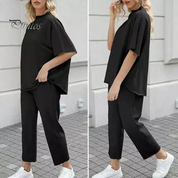 Комплект из 2 предметов: женский топ и брюки, полувысокий воротник, средние рукава, блузка, широкие брюки с эластичной резинкой на талии и карманами, повседневный свободный наряд для отдыха XL чёрный