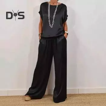 Комплект из 2 предметов: женский топ и брюки, атласная блузка с круглым вырезом и короткими рукавами, широкие брюки с эластичной резинкой на талии и карманами, повседневный свободный наряд для отдыха M темно-коричневого