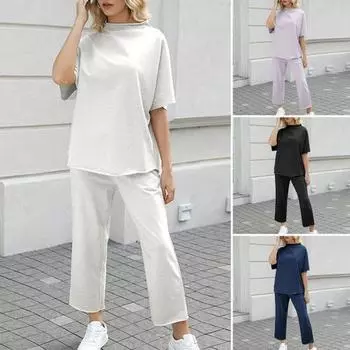 Комплект из 2 предметов: женский топ и брюки, полувысокий воротник, средние рукава, блузка, широкие брюки с эластичной резинкой на талии и карманами, повседневный свободный наряд для отдыха XL светло-серый