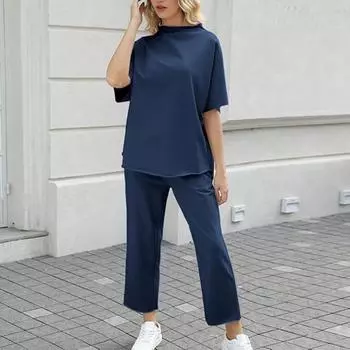 Комплект из 2 предметов: женский топ и брюки, полувысокий воротник, средние рукава, блузка, широкие брюки с эластичной резинкой на талии и карманами, повседневный свободный наряд для отдыха XL светло-серый