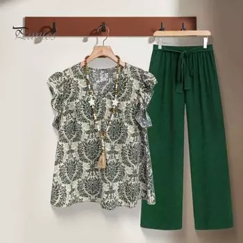 Комплект из 2 предметов: женский топ и брюки, круглый вырез, ретро-принт, короткие рукава, блузка, широкие брюки с эластичной резинкой на талии, повседневный свободный наряд для бабушки S темно-коричневого