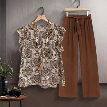Комплект из 2 предметов: женский топ и брюки, круглый вырез, ретро-принт, короткие рукава, блузка, широкие брюки с эластичной резинкой на талии, повседневный свободный наряд для бабушки S синий