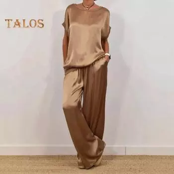 Комплект из 2 предметов: женский топ и брюки, атласная блузка с круглым вырезом и короткими рукавами, широкие брюки с эластичной резинкой на талии и карманами, повседневный свободный наряд для отдыха M темно-коричневого