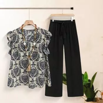 Комплект из 2 предметов: женский топ и брюки, круглый вырез, ретро-принт, короткие рукава, блузка, широкие брюки с эластичной резинкой на талии, повседневный свободный наряд для бабушки S зелёный