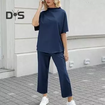 Комплект из 2 предметов: женский топ и брюки, полувысокий воротник, средние рукава, блузка, широкие брюки с эластичной резинкой на талии и карманами, повседневный свободный наряд для отдыха S светло-фиолетовый