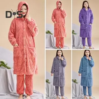 Комплект из 2 предметов: женский зимний халат и брюки, толстый флис, сохраняющий тепло, однобортный халат с капюшоном и карманами, свободная домашняя одежда, брюки, одежда для сна, пижама M розовый