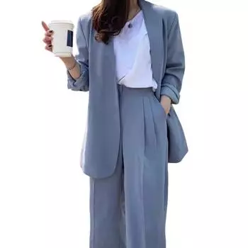 Комплект из 2 предметов: женское пальто и брюки, длинный рукав, ажурный кардиган, куртка средней длины, свободные прямые широкие брюки с высокой талией S синий