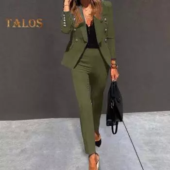 Комплект из 2 предметов: женское пальто и брюки, отложной воротник, декор на пуговицах, длинные рукава, куртка, облегающие брюки чистого цвета, повседневная одежда, наряд для поездок на работу M синий