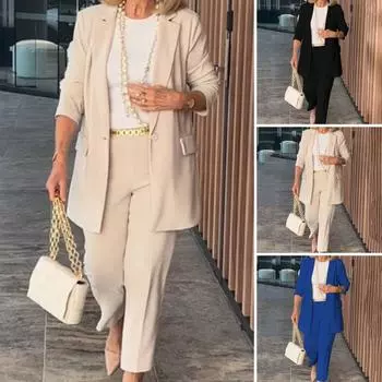 Комплект из 2 предметов: женское пальто и брюки, отложной воротник, длинные рукава, кардиган, куртка, свободные однотонные брюки, повседневная одежда для поездок на работу L бежевый