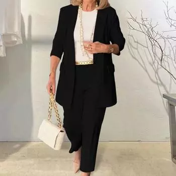Комплект из 2 предметов: женское пальто и брюки, отложной воротник, длинные рукава, кардиган, куртка, свободные однотонные брюки, повседневная одежда для поездок на работу L чёрный
