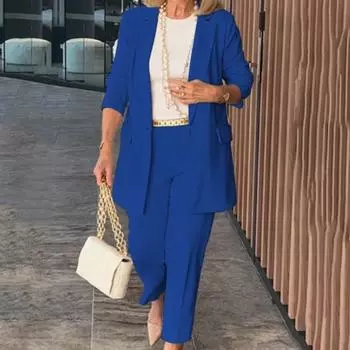 Комплект из 2 предметов: женское пальто и брюки, отложной воротник, длинные рукава, кардиган, куртка, свободные однотонные брюки, повседневная одежда для поездок на работу M бежевый