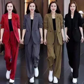 Комплект из 2 предметов: Женское пальто и брюки, длинные рукава, кардиган на двух пуговицах, куртка средней длины, свободные прямые широкие брюки с высокой талией XL серый