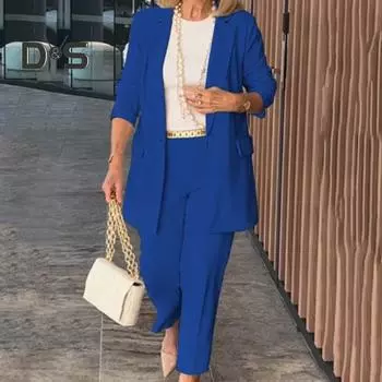 Комплект из 2 предметов: женское пальто и брюки, отложной воротник, длинные рукава, кардиган, куртка, свободные однотонные брюки, повседневная одежда для поездок на работу M бежевый