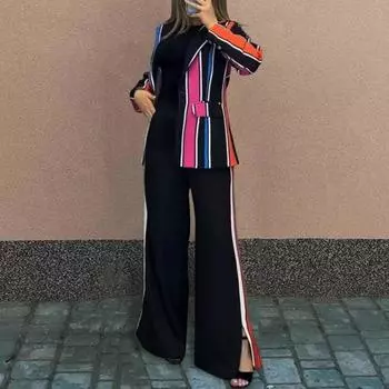 Комплект из 2 предметов: женское пальто и брюки, длинные рукава, цветной полосатый кардиган с лацканами, куртка средней длины, расклешенные брюки с высокой талией S