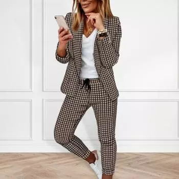 Комплект из 2 предметов: женское пальто и брюки, отложной воротник, клетчатый принт, длинные рукава, куртка, облегающие брюки с эластичной резинкой на талии, повседневная одежда S хаки