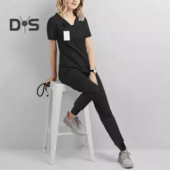 Комплект из 2 предметов женской больничной униформы с V-образным вырезом, короткими рукавами и карманами, эластичным поясом, спортивными штанами, быстросохнущий костюм медсестры для больницы и стоматолога L темно-синий