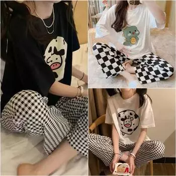 Комплект из 2 предметов женской пижамы, летние брюки с короткими рукавами, клетчатые брюки, свободная домашняя одежда с изображением коровы и динозавра, женская домашняя одежда One size