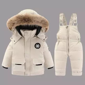 Комплект из 2 предметов, зимний пуховик и комбинезон для маленьких девочек, утепленная теплая куртка с меховым воротником для девочек, детский зимний комбинезон, От 0 до 4 лет 110cm синий