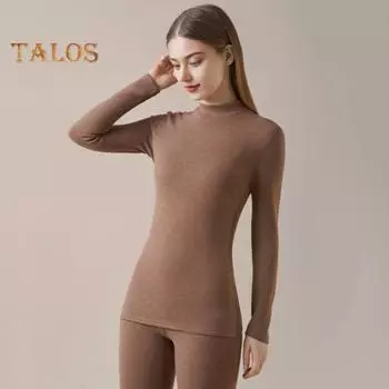 Комплект из 2 предметов, зимний женский термобелье, бесшовный, с полувысоким воротником и длинным рукавом, теплый, облегающий, эластичный, для холодной погоды, домашняя одежда M абрикосовый