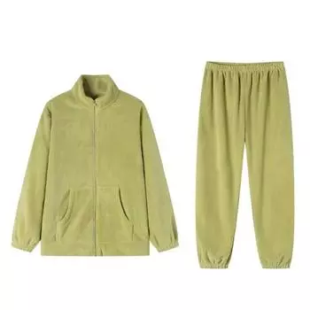Комплект из 2 предметов, зимняя пижама, утолщенный коралловый флис, воротник-стойка, длинные рукава, эластичный пояс, брюки, домашняя одежда, пальто, одежда для отдыха, женская одежда M зелёный