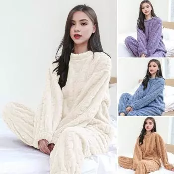 Комплект из 2 предметов, зимняя пижама, утолщенный коралловый флис, скрученная текстура, круглый вырез, длинные рукава, эластичная талия, брюки, домашняя одежда серый