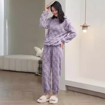 Комплект из 2 предметов, зимняя пижама, утолщенный коралловый флис, клетчатая текстура, круглый вырез, длинные рукава, топ, широкие брюки, эластичный пояс, домашняя одежда, одежда для отдыха фиолетовый