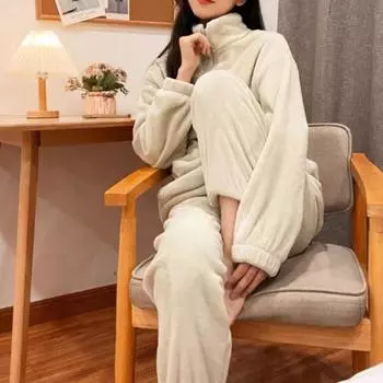 Комплект из 2 предметов, зимняя пижама, утолщенный коралловый флис, воротник-стойка, длинные рукава, эластичный пояс, брюки, домашняя одежда, пальто, одежда для отдыха, женская одежда L бежевый