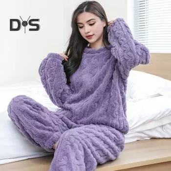 Комплект из 2 предметов, зимняя пижама, утолщенный коралловый флис, скрученная текстура, круглый вырез, длинные рукава, эластичная талия, брюки, домашняя одежда, одежда для отдыха белый