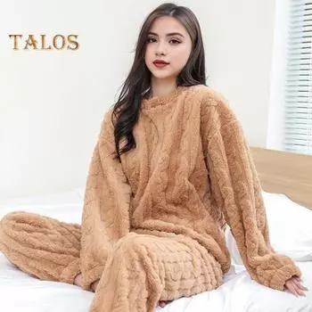 Комплект из 2 предметов, зимняя пижама, утолщенный коралловый флис, скрученная текстура, круглый вырез, длинные рукава, эластичная талия, брюки, домашняя одежда, одежда для отдыха серый