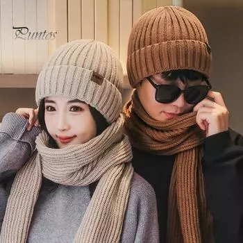 Комплект из 2 предметов: зимняя шапка и шарф унисекс, толстая плюшевая подкладка, утепленная шапка-бини, унисекс, чехол для шеи, для катания на лыжах, катания на коньках, велоспорта, шарф, кепка чёрный